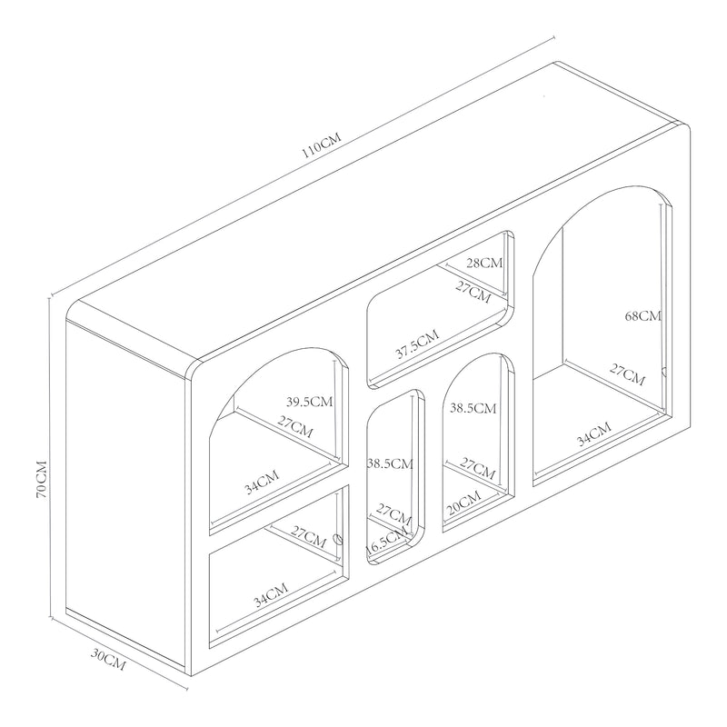 Måttskiss Sideboard Vågå med öppna fack 110x30x70 cm Vit [en.casa]