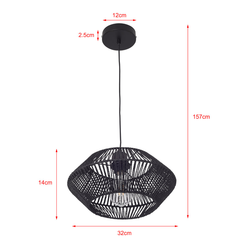 Måttskiss Taklampa Amersham Metall+Rattan Svart [lux.pro]