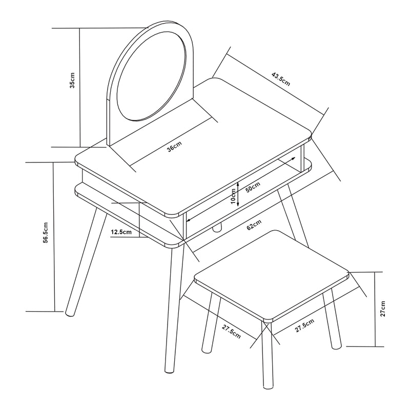 Måttskiss Barnsminkbord med pall Ovanåker Vit/Natur [en.casa]