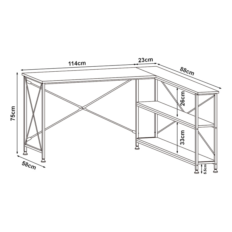 Måttskiss Skrivbord Raundsvalt med 1 hylla L-formad 137x88x75 cm Svart [en.casa]