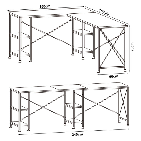Skrivbord Klirurud med 2 hyllor L-format 150x150x75 cm eklook [en.casa]