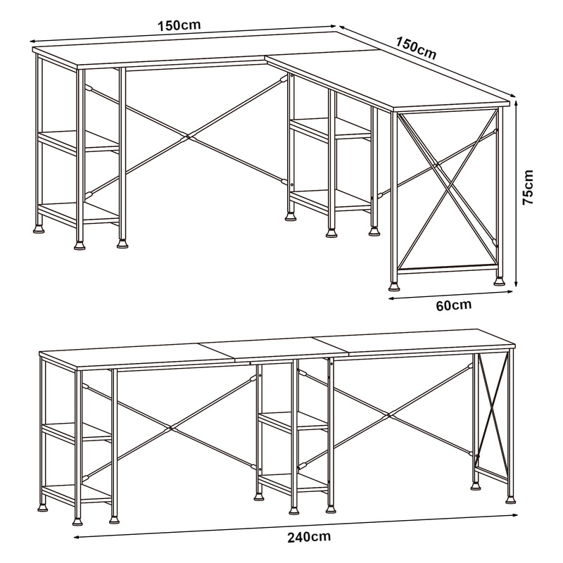 Måttskiss Skrivbord Klirurud med 2 hyllor L-format 150x150x75 cm eklook [en.casa]