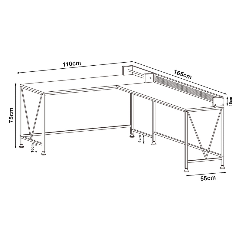 Måttskiss Skrivbord Frelvepirg med bakvägg L-format 165x110x75 cm valnötsoptik [en.casa]