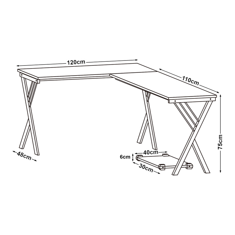 Måttskiss Skrivbord Tarielarg med PC-ställ L-format 158x120x75 cm Eklook [en.casa]