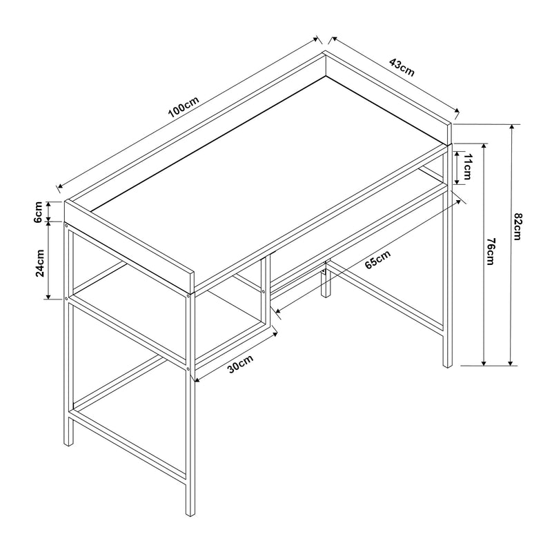 Måttskiss Skrivbord Belana 100x43x82 cm Svart/Eklook [en.casa]