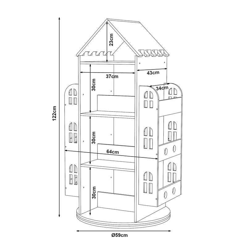Måttskiss Roterbart barnhylla Sanköre 122x64x43 cm furu natur [en.casa]