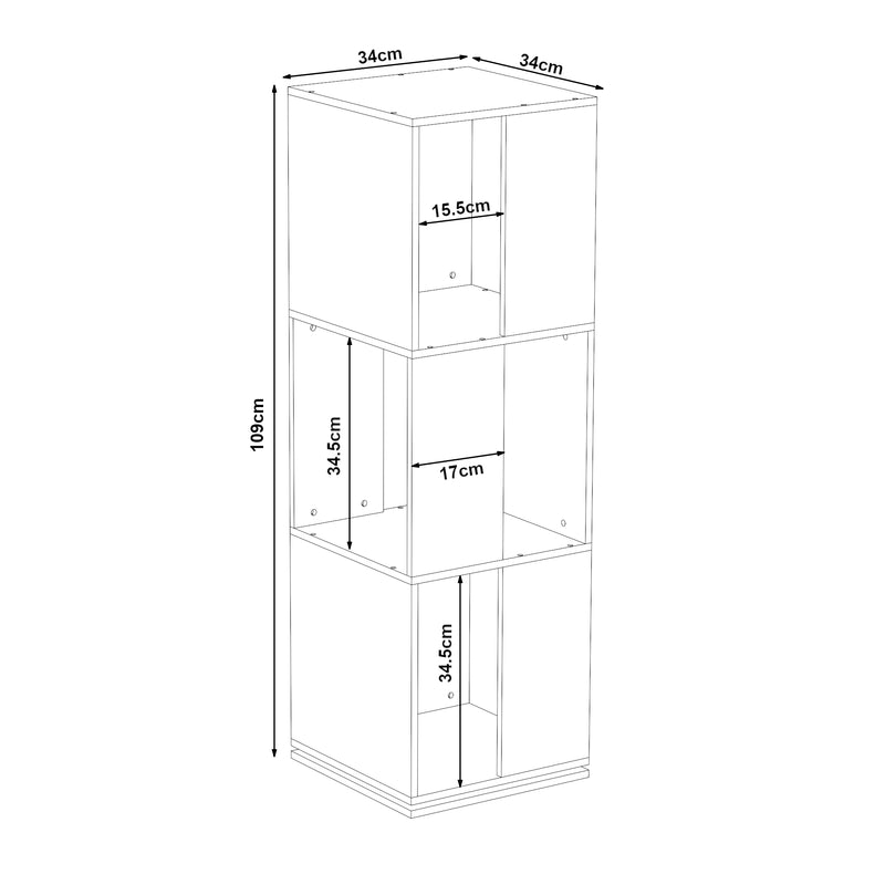 Måttskiss Roterbart bokhylla Fjelmarirg 109x34x34 cm Vit [en.casa]