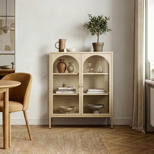 Vitrinskåp-Sideboard Klippestad Stål 95x80x35 cm Kamelfärgad [en.casa]