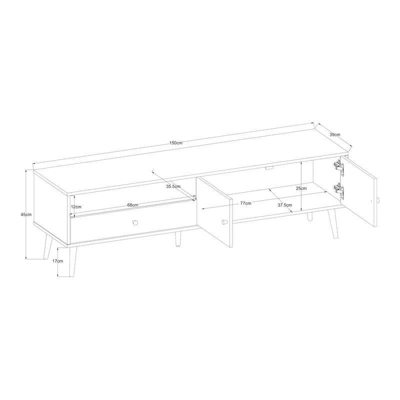 Måttskiss TV-bänk Hallevil 150x39x45 cm Ljusgrå [en.casa]