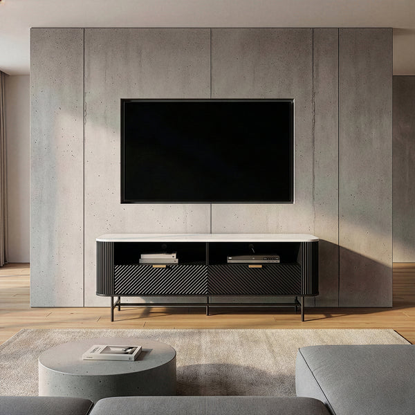 TV-lågt bord Olvehok 140x40x55 cm Svart/marmorutseende, vit [en.casa]