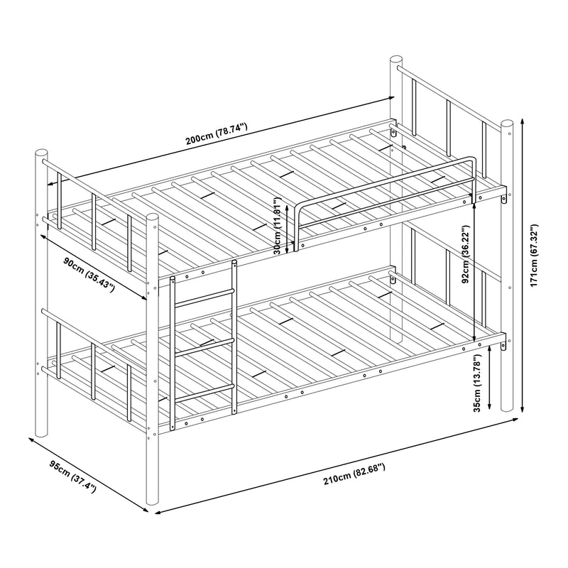 Måttskiss Metall-våningssäng Berimma med 2 madrasser 90x200 cm Svart [en.casa]