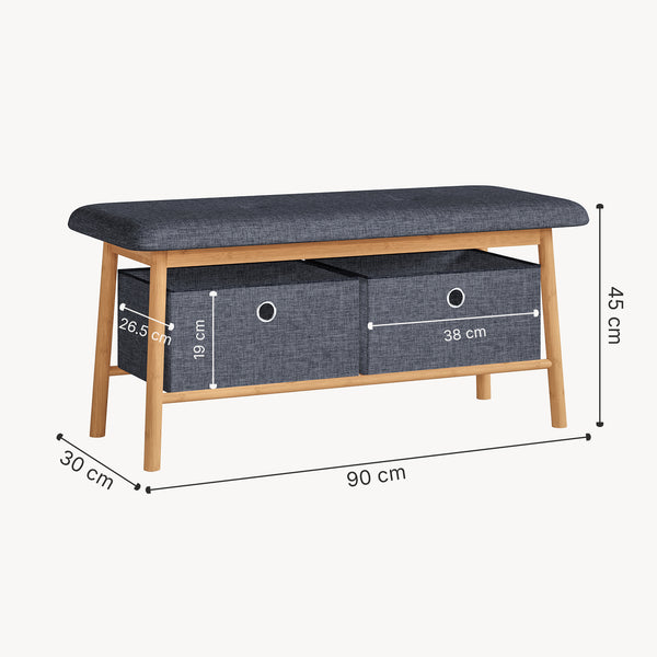 Sittbänk Vad med 2 förvaringslådor 90x30x45 cm Natur/Grå [en.casa]