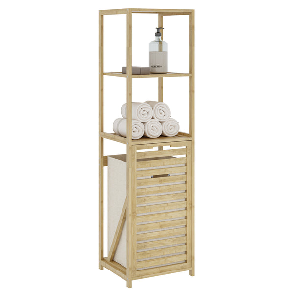 Badrumshylla med tvättkorg Anun 130x36x33 cm bambu träfärgad [en.casa]