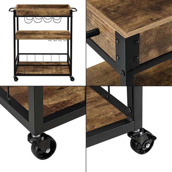 Rullvagn Thalwil serveringsvagn 89,5x67x40cm metall trämönster svart [en.casa]