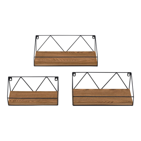 Vägghylla Kolding set om 3 järn svart mörkt trämönster [en.casa]