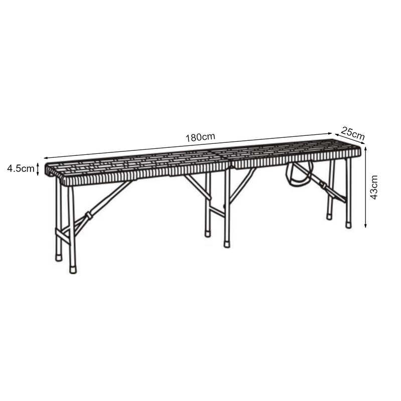 Måttskiss Hopfällbar bänk Mark 180x25x43 cm rottingkänsla [en.casa] 