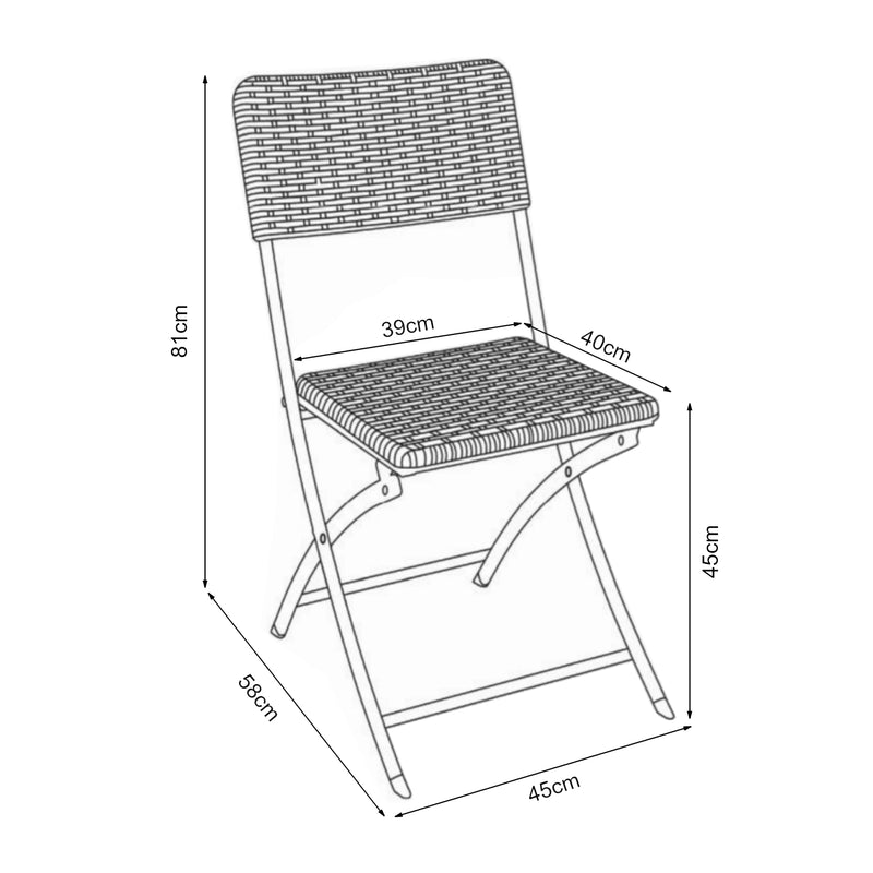 Måttskiss Klappstol Mark set om 2 rottingkänsla 87x46x53 cm [en.casa]