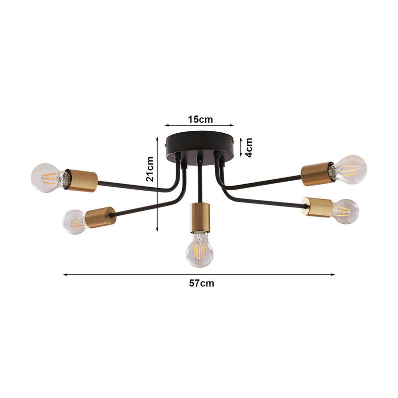 Måttskiss Taklampa Benfleet 5 x E27 Svart/Mässingsfärgad [lux.pro]