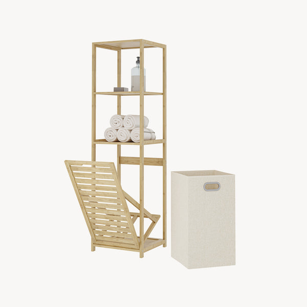 Badrumshylla med tvättkorg Anun 130x36x33 cm bambu träfärgad [en.casa]