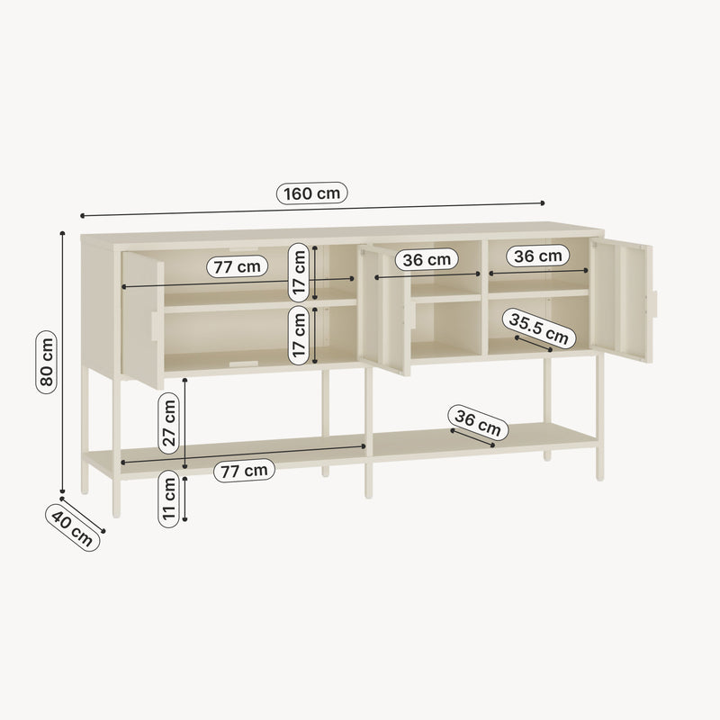 Måttskiss Sideboard Kliri stål 160x40x80 cm krämvit [en.casa]