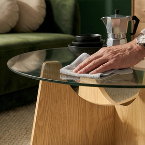 Soffbord 'Omlar' med rund glasplatta Ø70 x 35 cm eklook / röksgrå