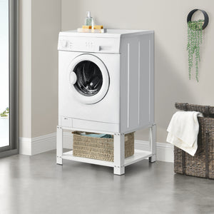 Tvättmaskinsstativ Förhöjningssockel med hylla 63x54x31cm stål vit max. belastning150 kg [en.casa]