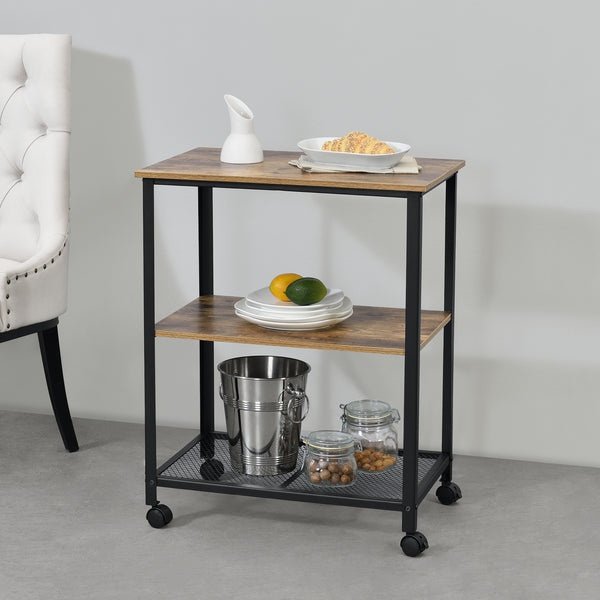 Rullvagn Freiburg serveringsvagn rullbord 76,5x60x40cm metall trämönster svart avtagbara hjul [en.casa]