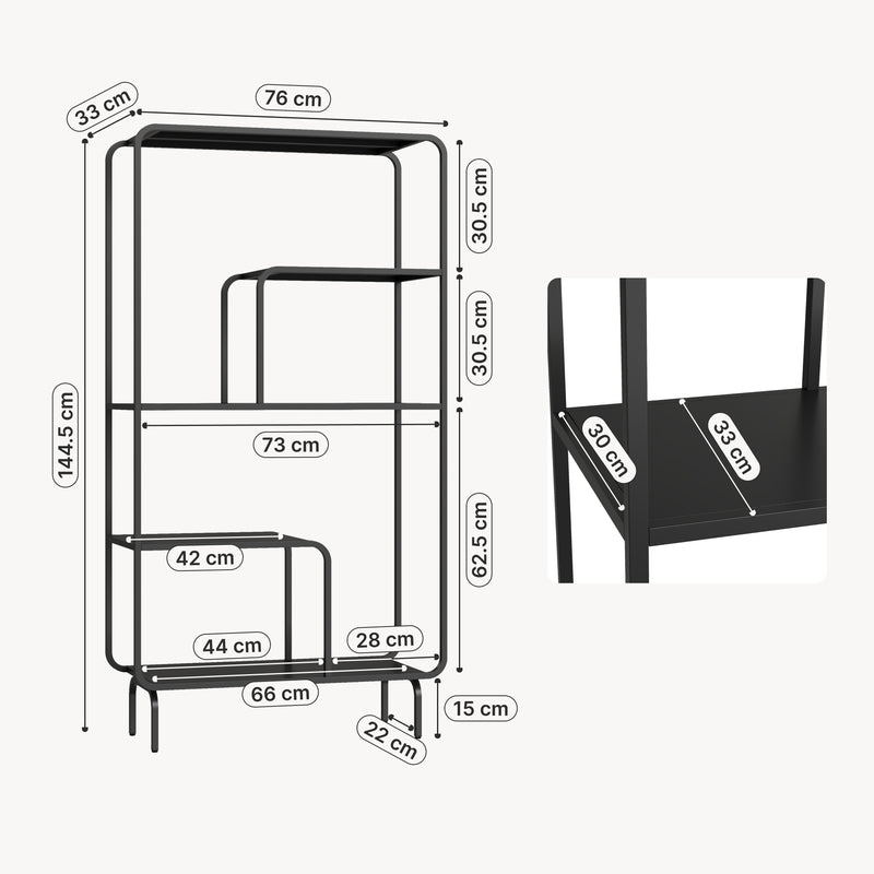 Måttskiss Bokhylla Færder stål 145x76x33 cm svart [en.casa]