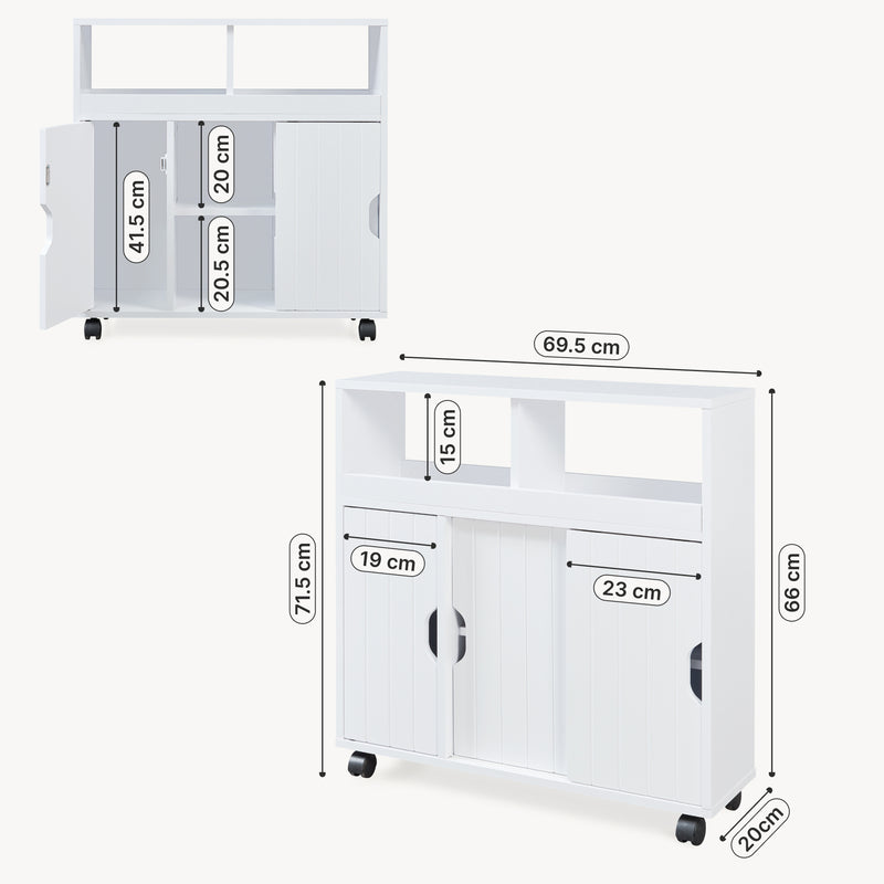 Måttskiss Sidobord på hjul Fadeskimma 72x70x20 cm Vit [en.casa]