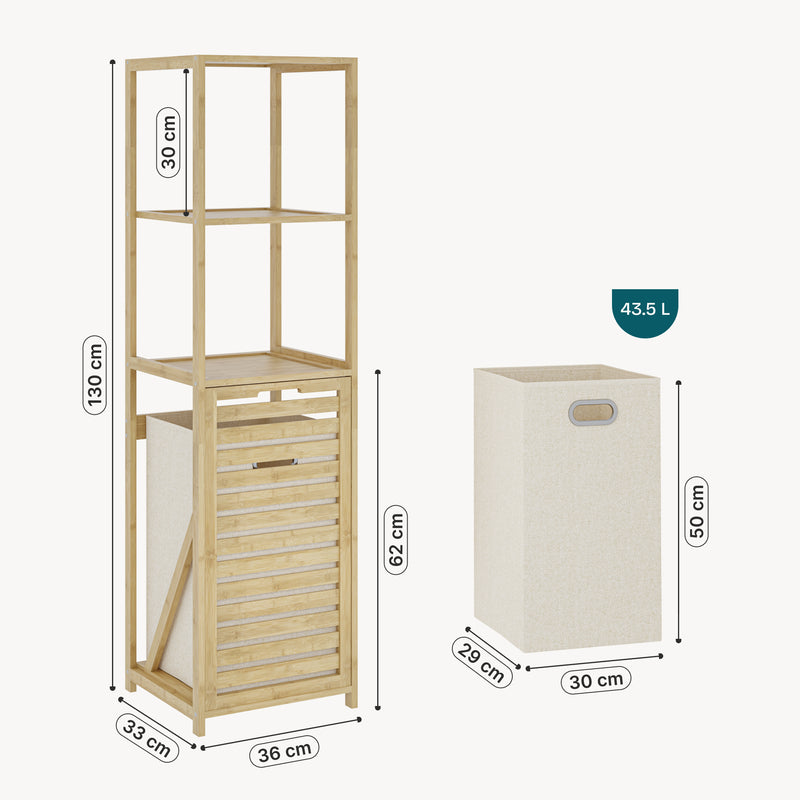 Måttskiss Badrumshylla med tvättkorg Anun 130x36x33 cm bambu träfärgad [en.casa]