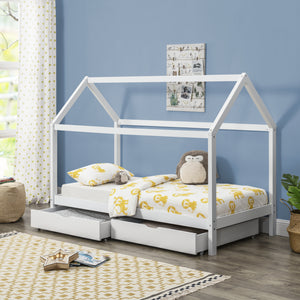 Juniorsäng med förvaring 2 lådor 206x98x150cm furu matt vit [en.casa]