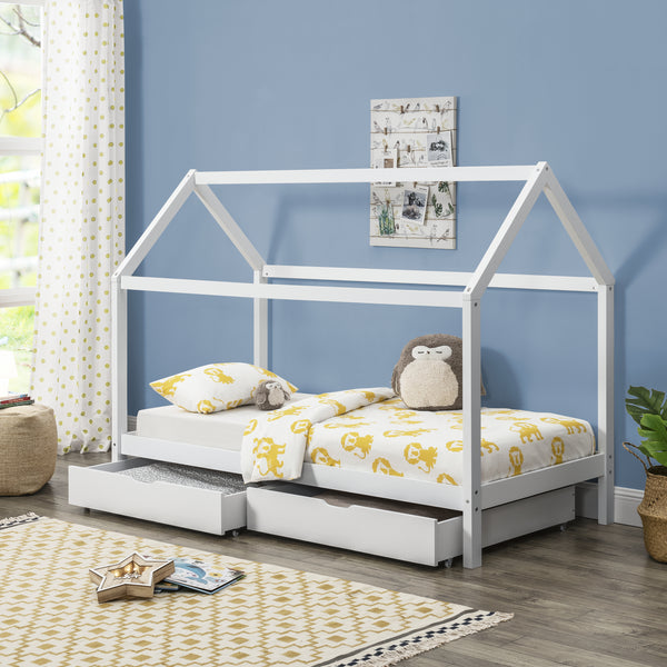 Juniorsäng med förvaring 2 lådor 206x98x150cm furu matt vit [en.casa]