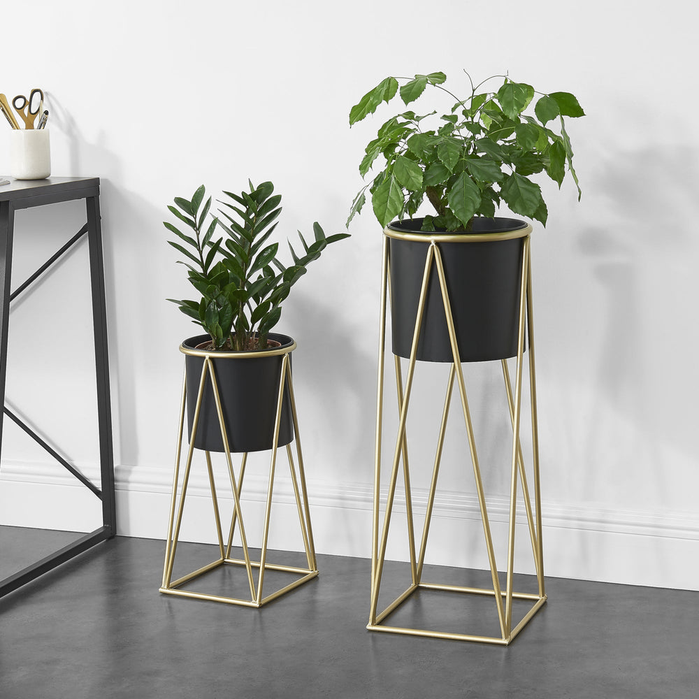 Blomsterställ Lennik 2-pack Metall Svart Mässingsfärgad [en.casa] - premiumXL