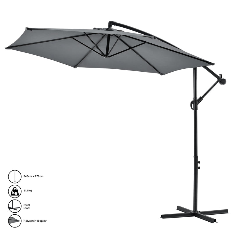 Måttskiss Parasoll med fot diameter 270 cm stål polyester grå vattenavvisande steglös lutning [casa.pro]