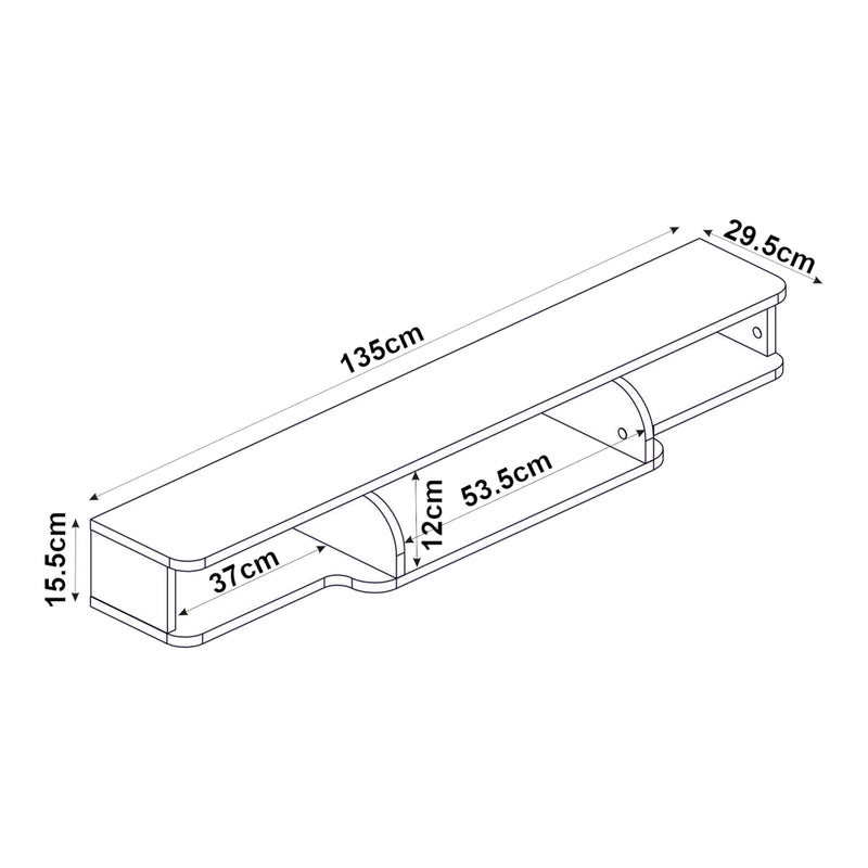 Måttskiss TV-lågt bord hängande Aar 135x30x16 cm Vit [en.casa]