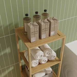 Badrumshylla med tvättkorg Anun 130x36x33 cm bambu träfärgad [en.casa]