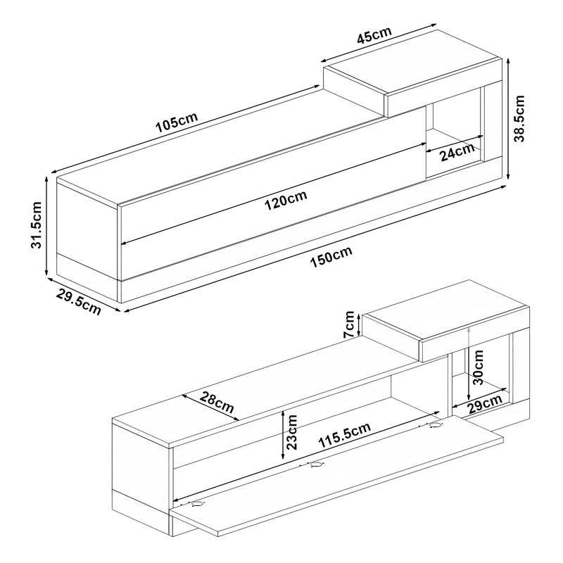 Måttskiss TV-skåp Luhanka 150x29,5x38,5cm ek i olika färger [en.casa]