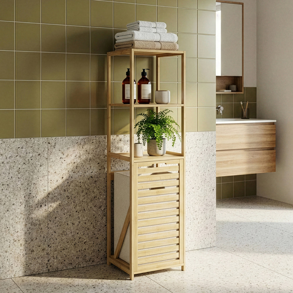 Badrumshylla med tvättkorg Anun 130x36x33 cm bambu träfärgad [en.casa]