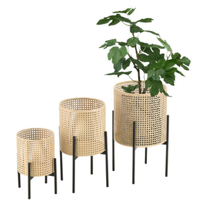 Piedestal Walhain set om 3 med 3 krukor metall svart sandfärg rund [en.casa]