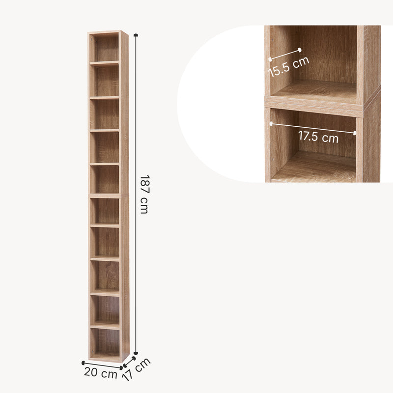 Måttskiss CD-hylla Tynset 187x20x17 cm med 10 fack [en.casa]