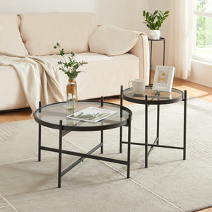 Sats med soffbord Lier 2 - delad. Glasskiva Svart [en.casa] - premiumXL