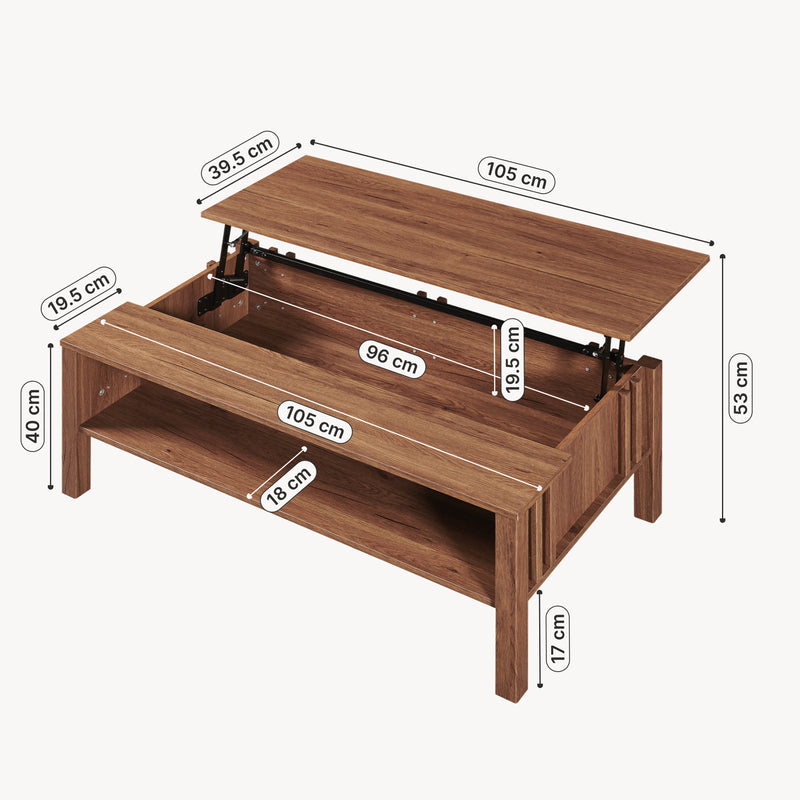 Måttskiss Soffbord Kilmandar med höjbar bordsskiva valnötsfärg 105x59x40 cm [en.casa]