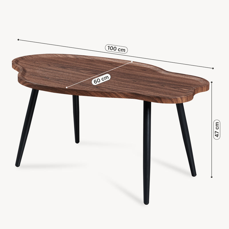 Måttskiss Soffbord Trestaneng 100 x 60 cm, med svängd bordsskiva, valnötsfärg [en.casa]