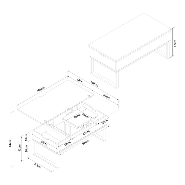 Soffbord Rauli med lyftskiva och förvaringsutrymme 100x50x47 cm [en.casa]