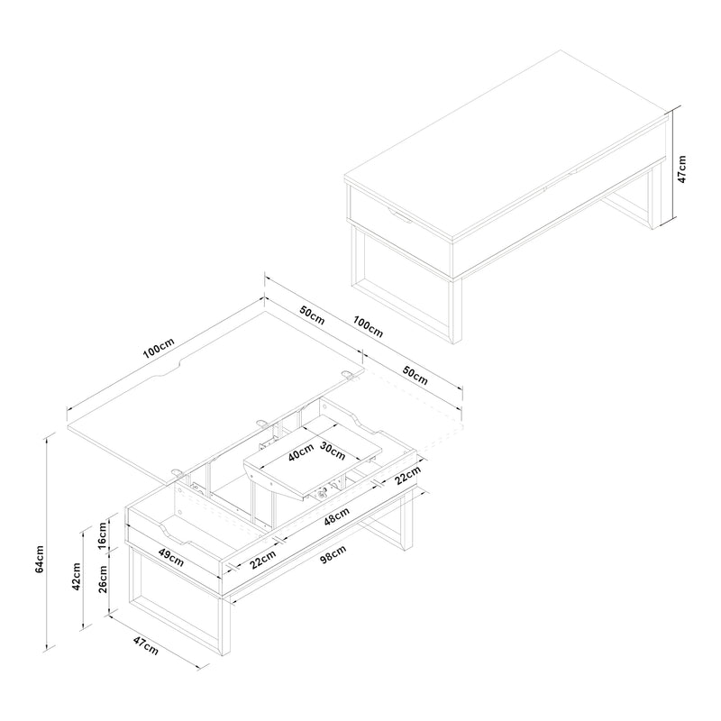 Måttskiss Soffbord Rauli med lyftskiva och förvaringsutrymme 100x50x47 cm [en.casa]