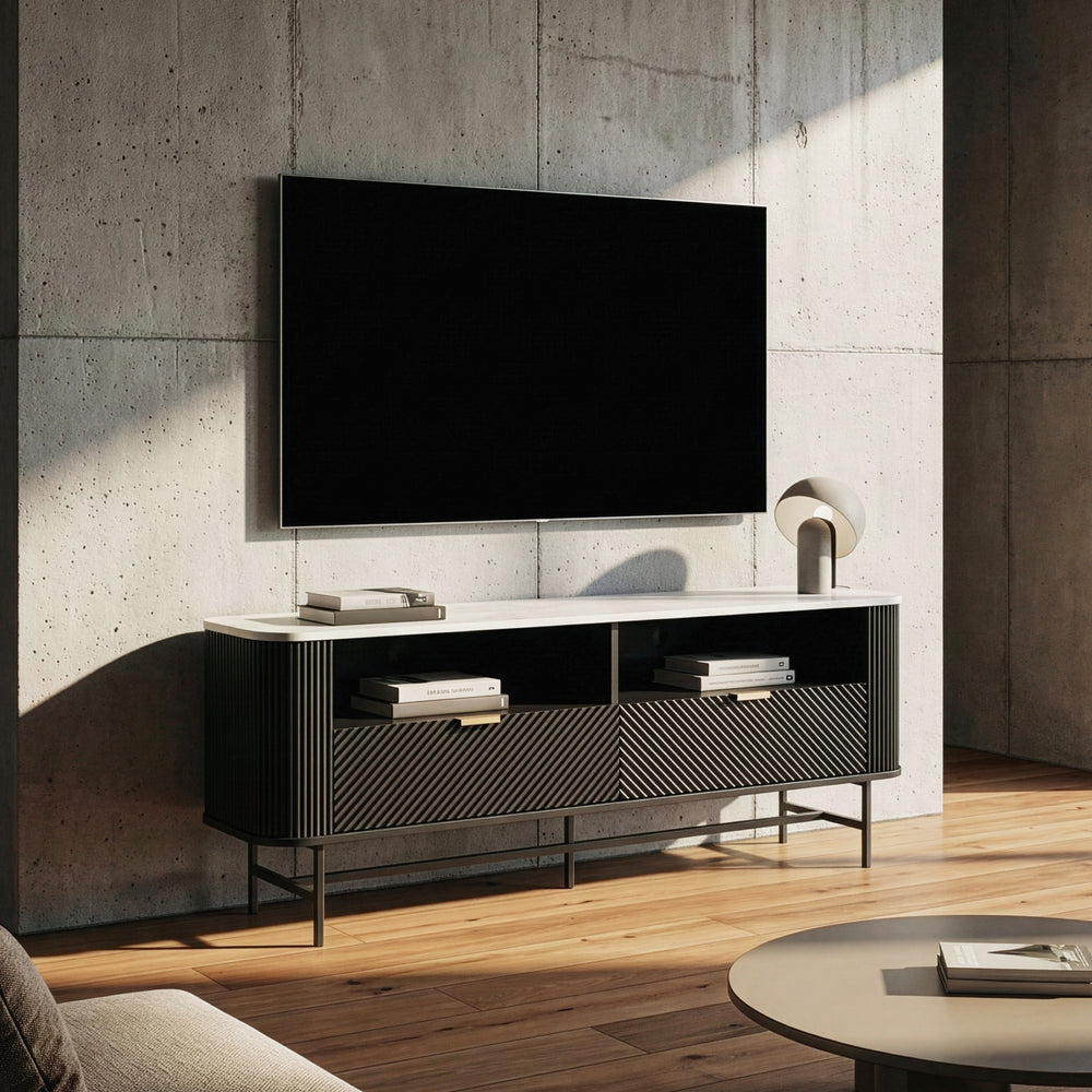 TV-lågt bord Olvehok 140x40x55 cm Svart/marmorutseende, vit [en.casa]