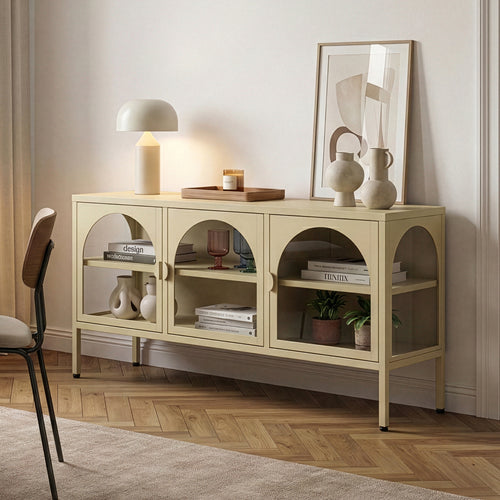 Vitrinskåp-Sideboard Klippestad Stål 118x35x55 cm Kamelfärgad [en.casa]