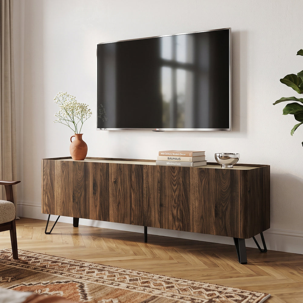 TV-bänk Trorlon 160x40x55 cm valnötslook/travertin [en.casa]