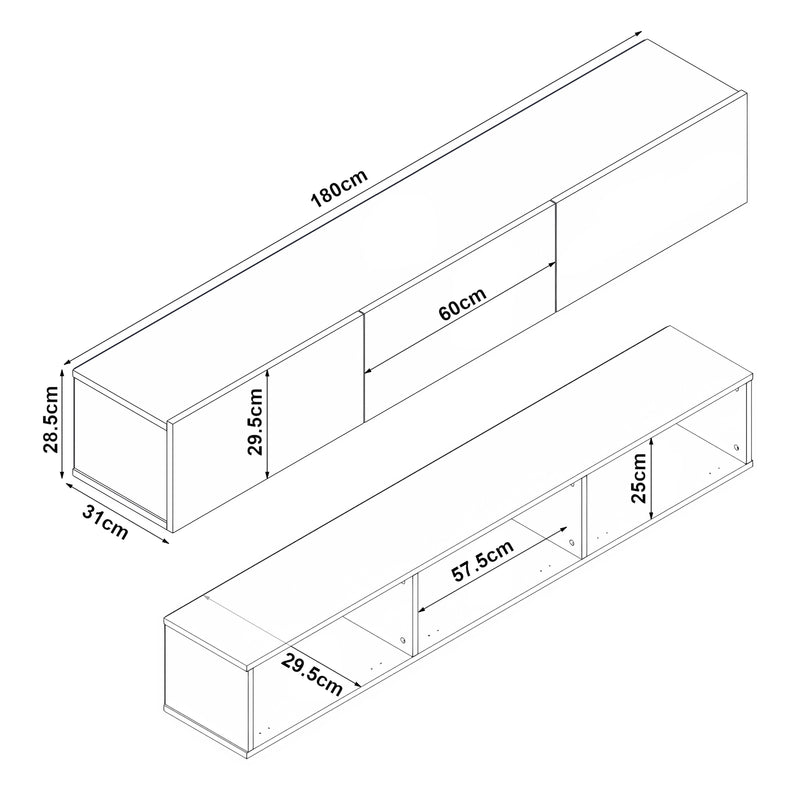 Måttskiss TV-bänk Vihti 180x31x29,5cm i olika färger [en.casa]