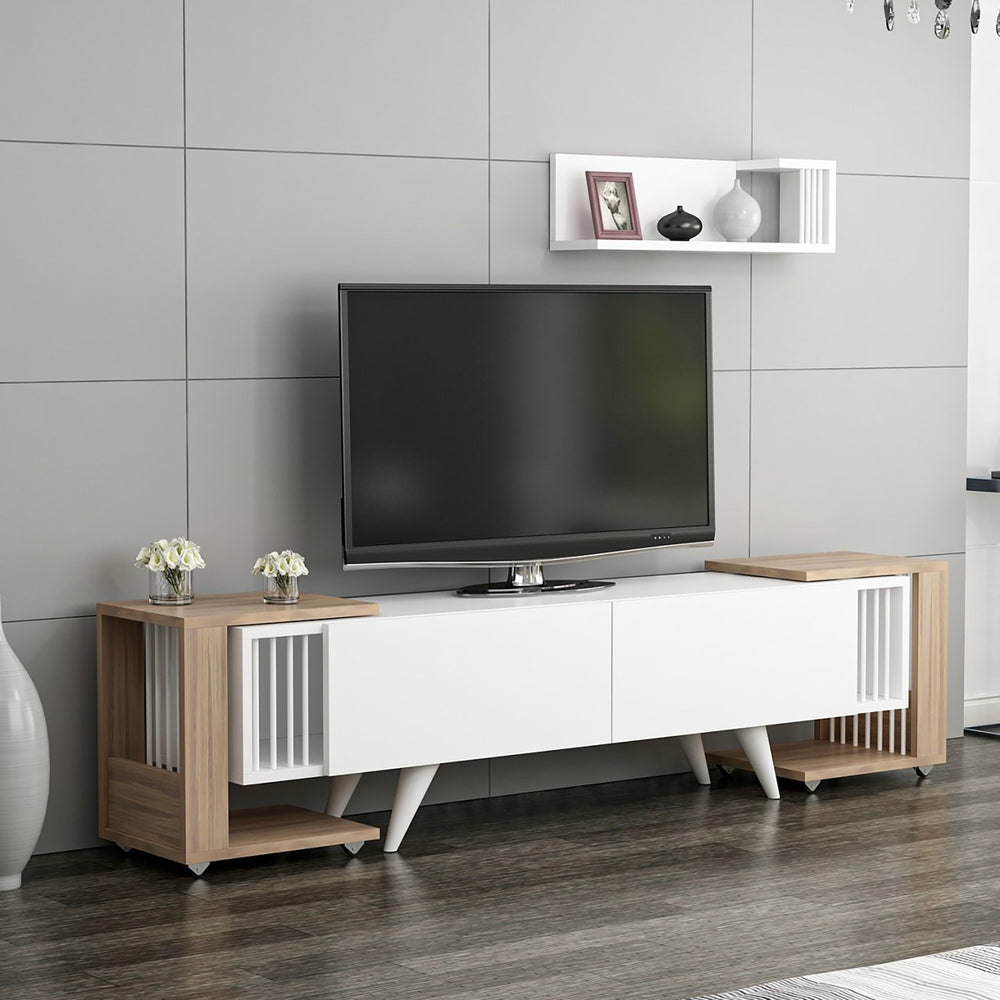 TV-bord med hylla och 2 sidobord Glostrup eklook / vit [en.casa]
